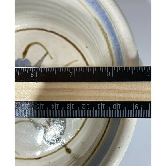 Artisan Signed Glazed Pottery Ivory Gray Serving Bowl w/ Handles Blue Flowers - Picture 6 of 10